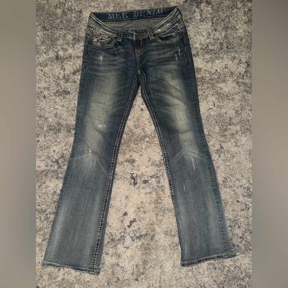 MEK Designer Angie Blue Boot Cut Jeans with Vintage Distressing